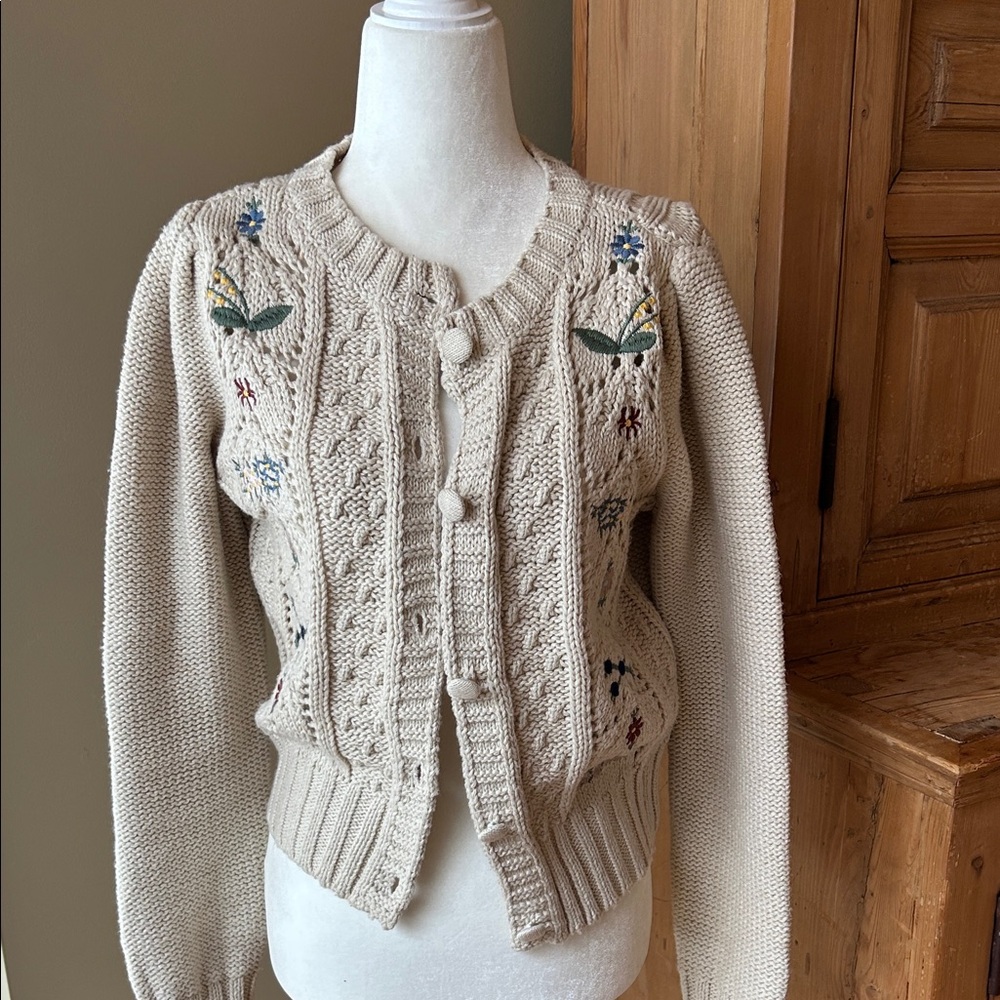 Lucky Brand Cream Embroidered Cotton Knit Button-Up Sweater